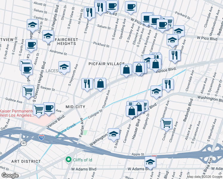 map of restaurants, bars, coffee shops, grocery stores, and more near 5811 Venice Boulevard in Los Angeles