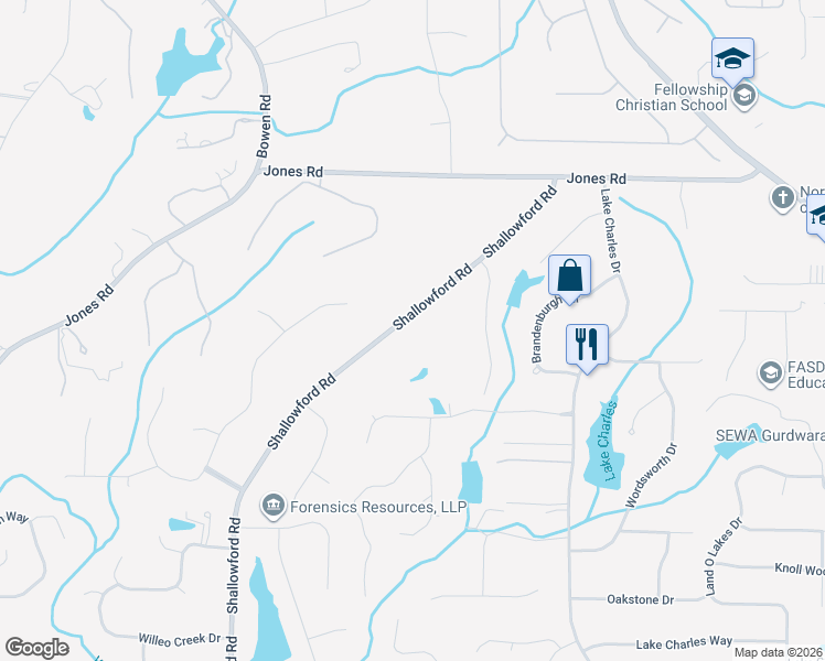 map of restaurants, bars, coffee shops, grocery stores, and more near 10765 Shallowford Road in Roswell