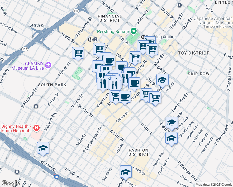 map of restaurants, bars, coffee shops, grocery stores, and more near 850 South Broadway in Los Angeles