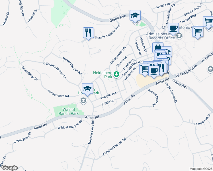 map of restaurants, bars, coffee shops, grocery stores, and more near 1342 Wake Forest Avenue in Walnut