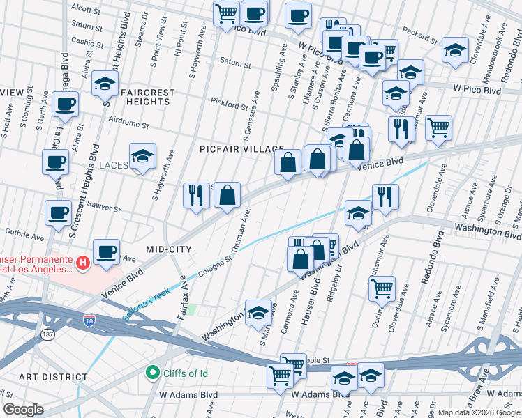 map of restaurants, bars, coffee shops, grocery stores, and more near 1841 Clyde Avenue in Los Angeles