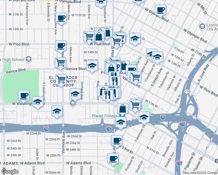 map of restaurants, bars, coffee shops, grocery stores, and more near 1425 West 18th Street in Los Angeles