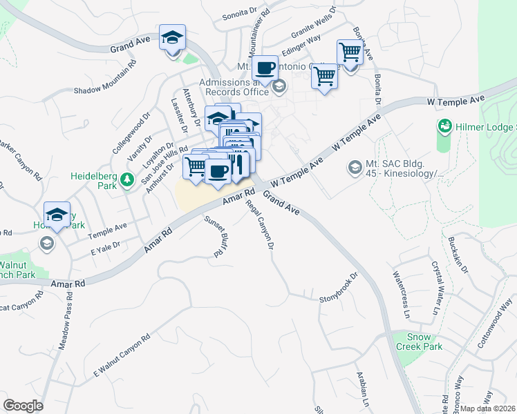 map of restaurants, bars, coffee shops, grocery stores, and more near 1168 Regal Canyon Drive in Walnut