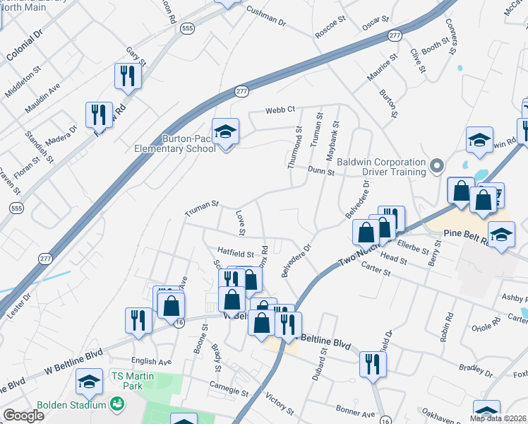 map of restaurants, bars, coffee shops, grocery stores, and more near 3401 Bumgardner Court in Columbia