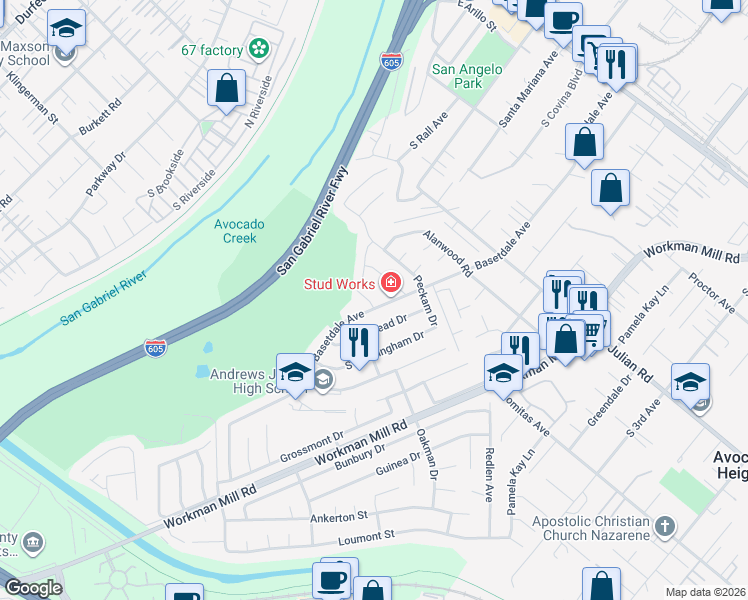 map of restaurants, bars, coffee shops, grocery stores, and more near 13141 Levelwood Street in La Puente