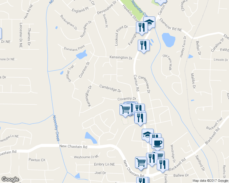 map of restaurants, bars, coffee shops, grocery stores, and more near 630 Cambridge Drive in Marietta