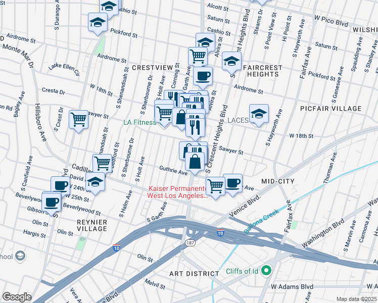 map of restaurants, bars, coffee shops, grocery stores, and more near 1900 Chariton Street in Los Angeles