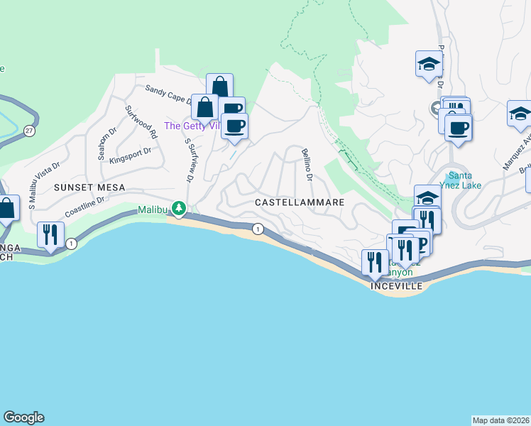 map of restaurants, bars, coffee shops, grocery stores, and more near 17820 Castellammare Drive in Los Angeles