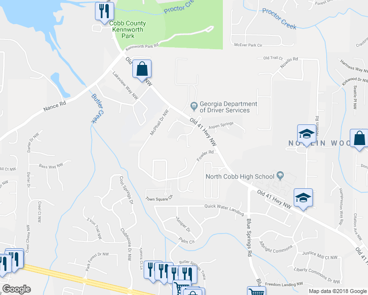 map of restaurants, bars, coffee shops, grocery stores, and more near 3613 Malcolm Manor in Kennesaw