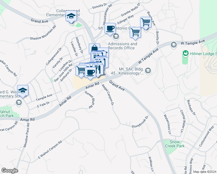 map of restaurants, bars, coffee shops, grocery stores, and more near 1168 Regal Canyon Drive in Walnut