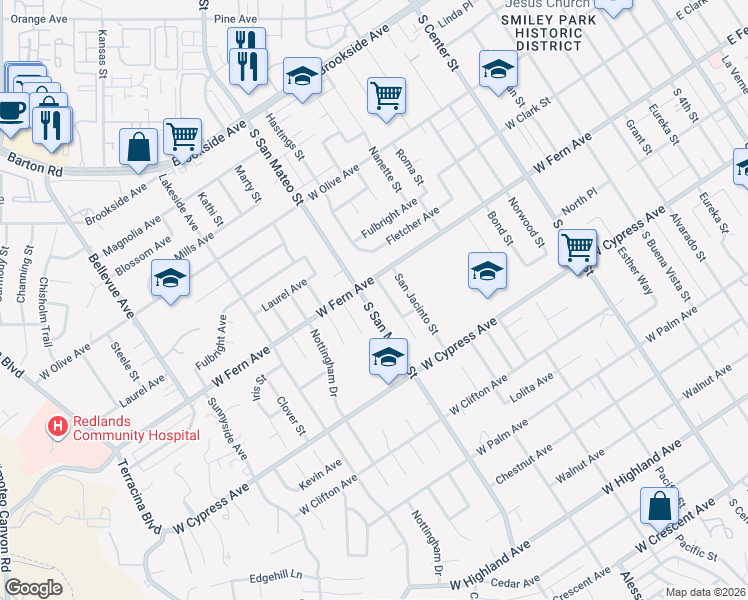 map of restaurants, bars, coffee shops, grocery stores, and more near 405 Hastings Street in Redlands