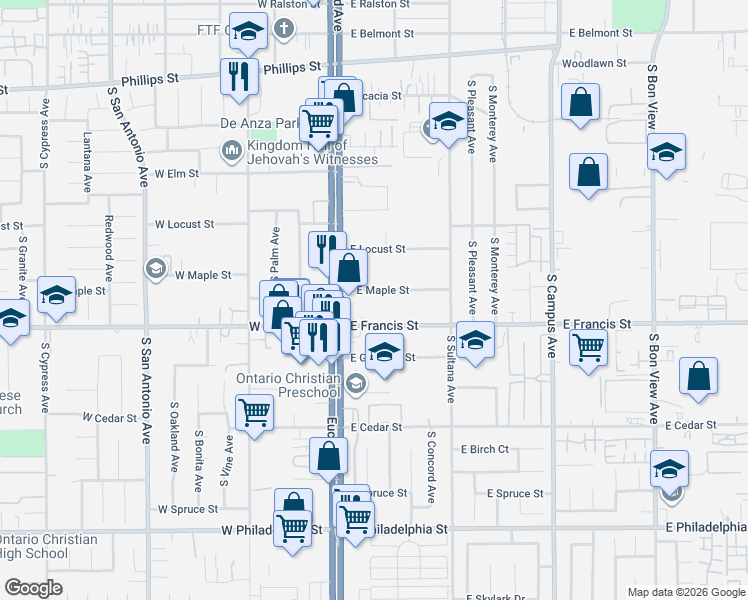map of restaurants, bars, coffee shops, grocery stores, and more near 133 East Maple Street in Ontario