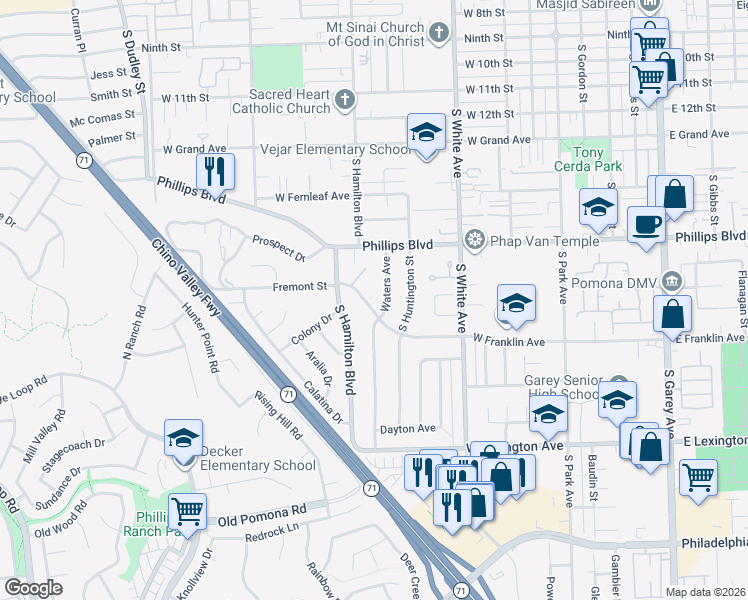 map of restaurants, bars, coffee shops, grocery stores, and more near 1575 Waters Avenue in Pomona