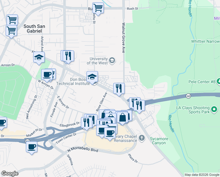 map of restaurants, bars, coffee shops, grocery stores, and more near 8502 East Village Lane in Rosemead