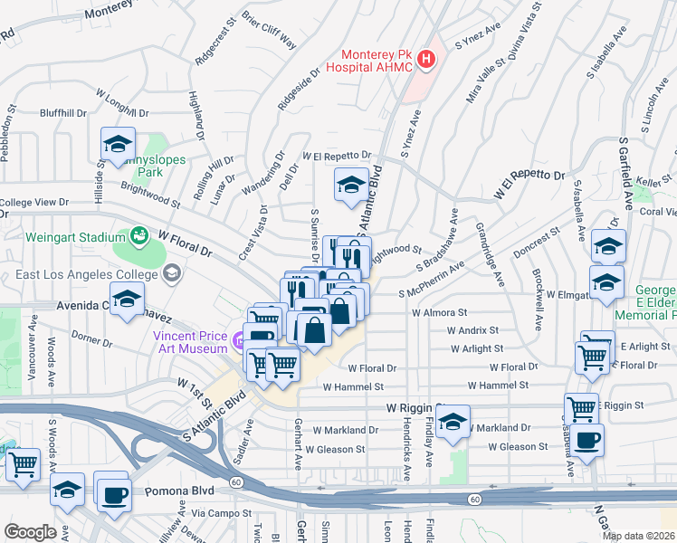 map of restaurants, bars, coffee shops, grocery stores, and more near 1780 South Sunrise Drive in Monterey Park