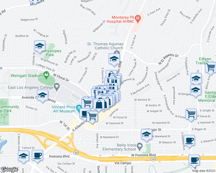 map of restaurants, bars, coffee shops, grocery stores, and more near 1780 South Sunrise Drive in Monterey Park