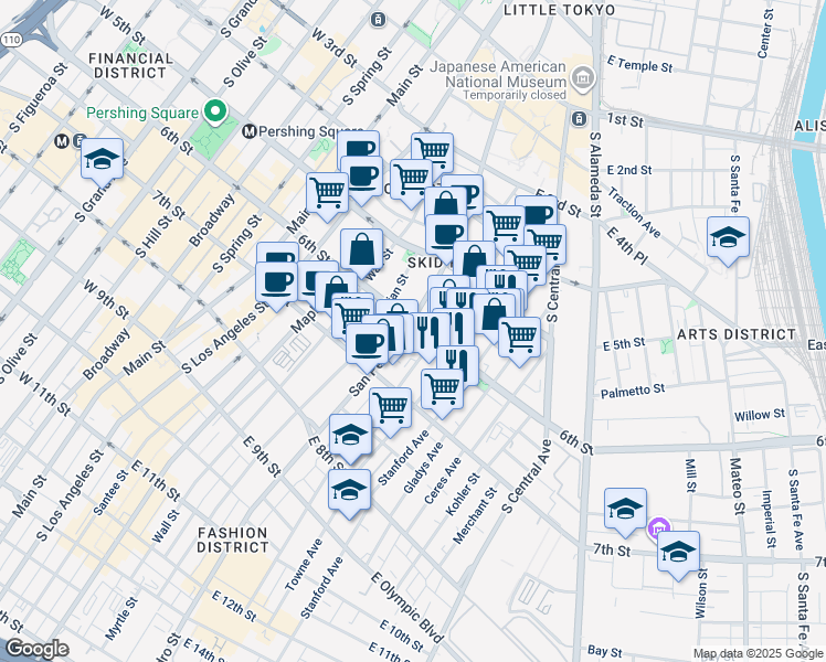 map of restaurants, bars, coffee shops, grocery stores, and more near 568 San Pedro Street in Los Angeles