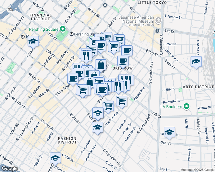 map of restaurants, bars, coffee shops, grocery stores, and more near 611 San Julian Street in Los Angeles