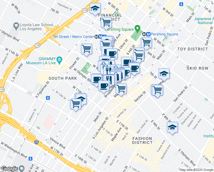 map of restaurants, bars, coffee shops, grocery stores, and more near 912 South Hill Street in Los Angeles