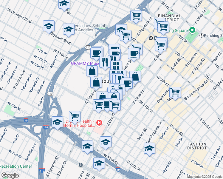 map of restaurants, bars, coffee shops, grocery stores, and more near 1100 Flower Street in Los Angeles