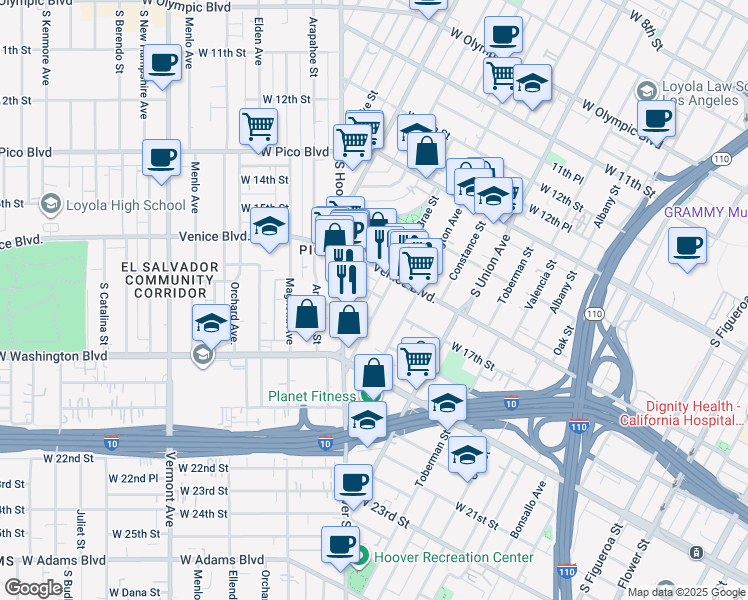 map of restaurants, bars, coffee shops, grocery stores, and more near 1611 South Bonnie Brae Street in Los Angeles