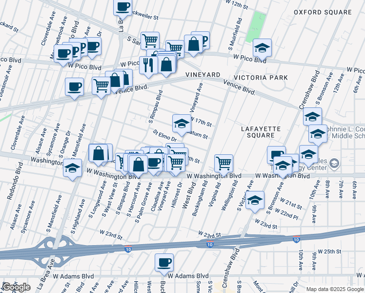 map of restaurants, bars, coffee shops, grocery stores, and more near 4624 Saint Elmo Drive in Los Angeles