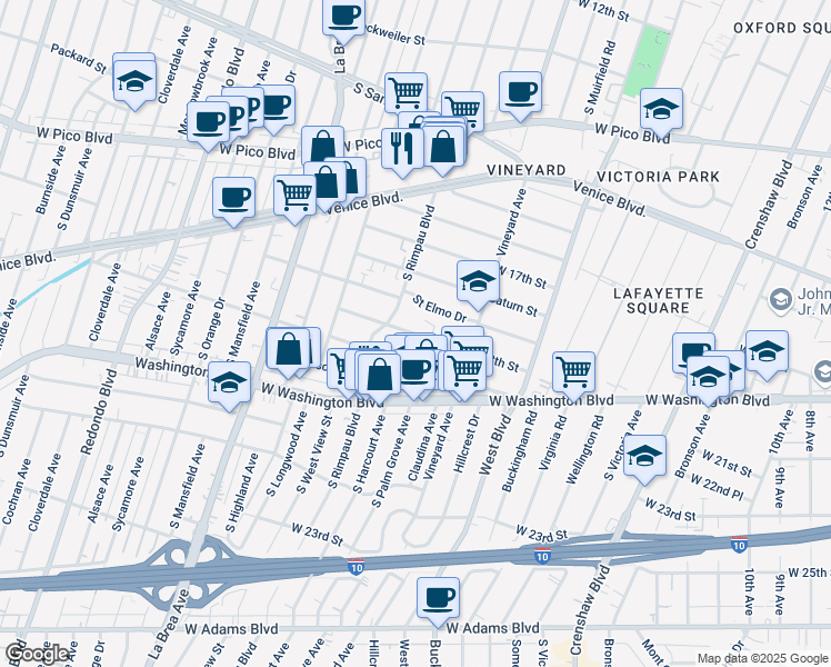 map of restaurants, bars, coffee shops, grocery stores, and more near 4710 Saint Elmo Drive in Los Angeles