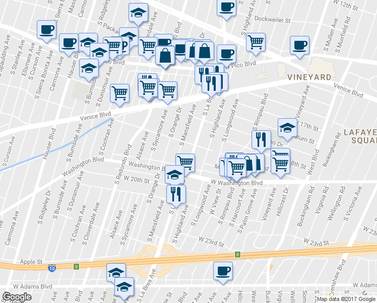 map of restaurants, bars, coffee shops, grocery stores, and more near 4953 Pickford Street in Los Angeles