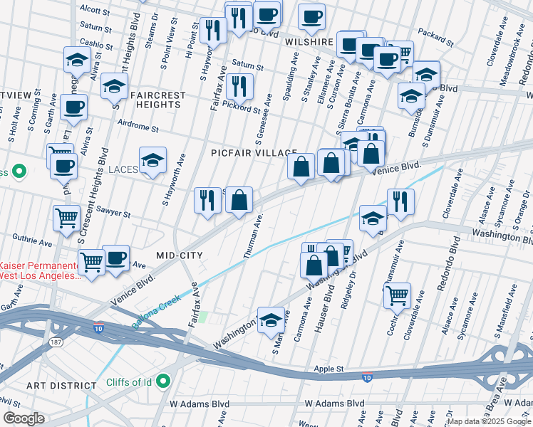 map of restaurants, bars, coffee shops, grocery stores, and more near 5811 Venice Boulevard in Los Angeles