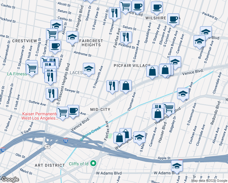 map of restaurants, bars, coffee shops, grocery stores, and more near 1816 South Orange Grove Avenue in Los Angeles