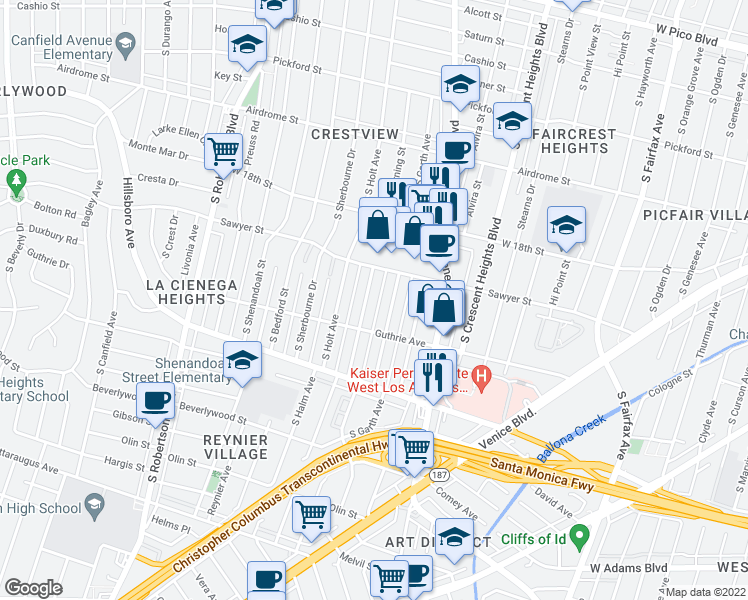 map of restaurants, bars, coffee shops, grocery stores, and more near 1919 South Corning Street in Los Angeles