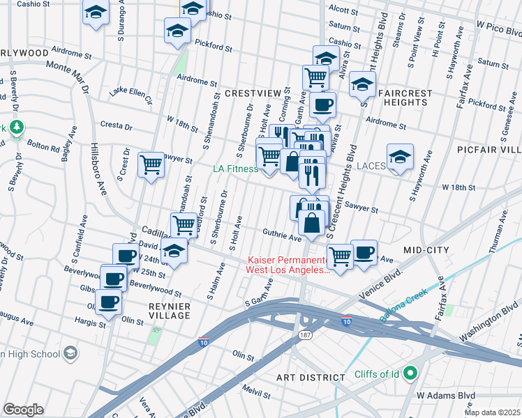 map of restaurants, bars, coffee shops, grocery stores, and more near 1919 South Corning Street in Los Angeles