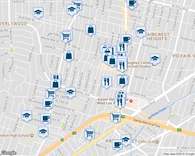 map of restaurants, bars, coffee shops, grocery stores, and more near 1935 South Holt Avenue in Los Angeles