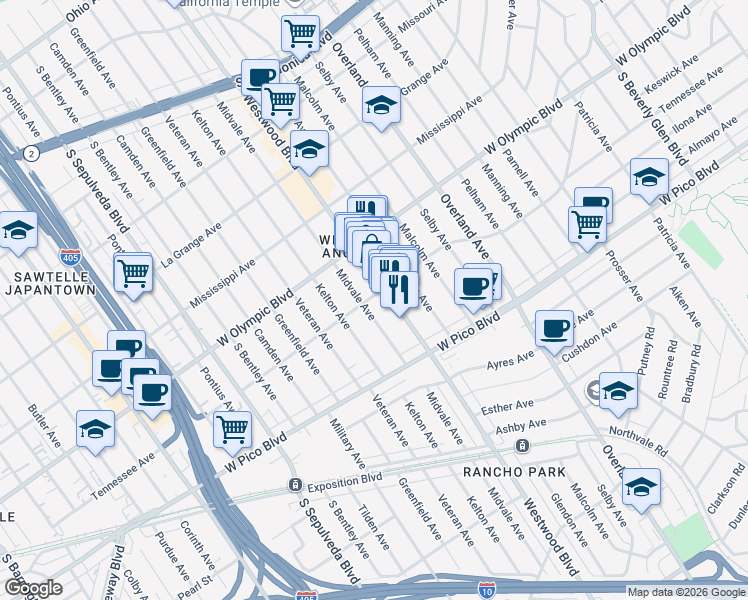 map of restaurants, bars, coffee shops, grocery stores, and more near 2283 Westwood Boulevard in Los Angeles