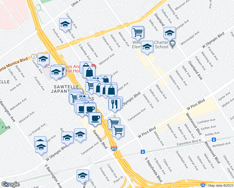 map of restaurants, bars, coffee shops, grocery stores, and more near 2038 South Bentley Avenue in Los Angeles