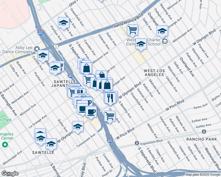 map of restaurants, bars, coffee shops, grocery stores, and more near 2038 South Bentley Avenue in Los Angeles