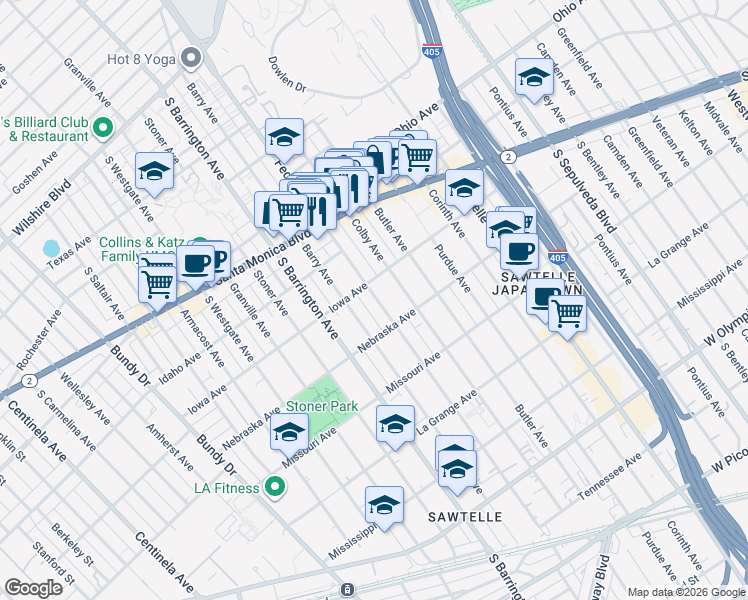 map of restaurants, bars, coffee shops, grocery stores, and more near 11578 Iowa Avenue in Los Angeles