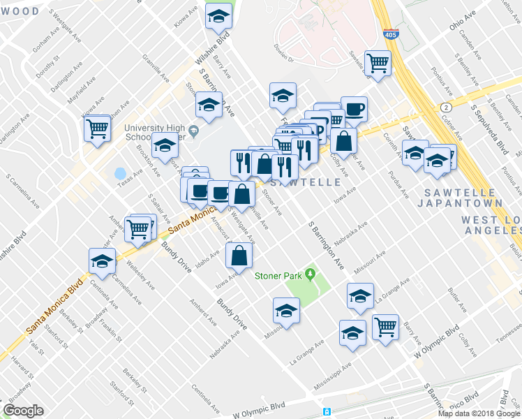 map of restaurants, bars, coffee shops, grocery stores, and more near 1527 Stoner Avenue in Los Angeles