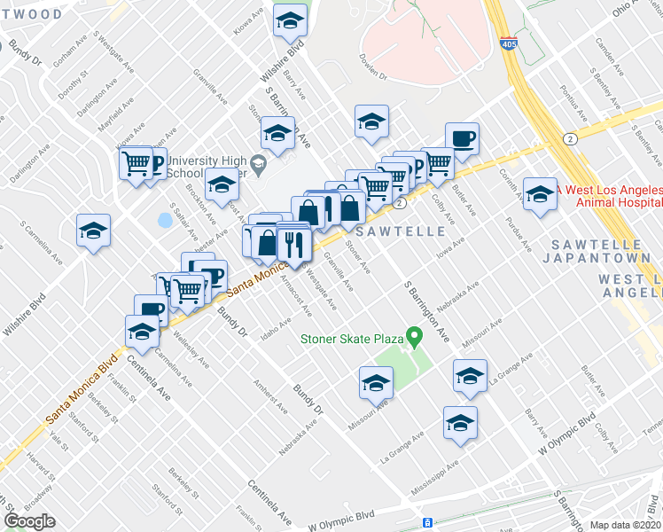 map of restaurants, bars, coffee shops, grocery stores, and more near 1515 Granville Avenue in Los Angeles