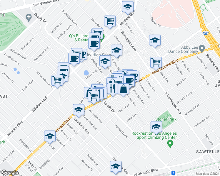 map of restaurants, bars, coffee shops, grocery stores, and more near 1427 Brockton Avenue in Los Angeles