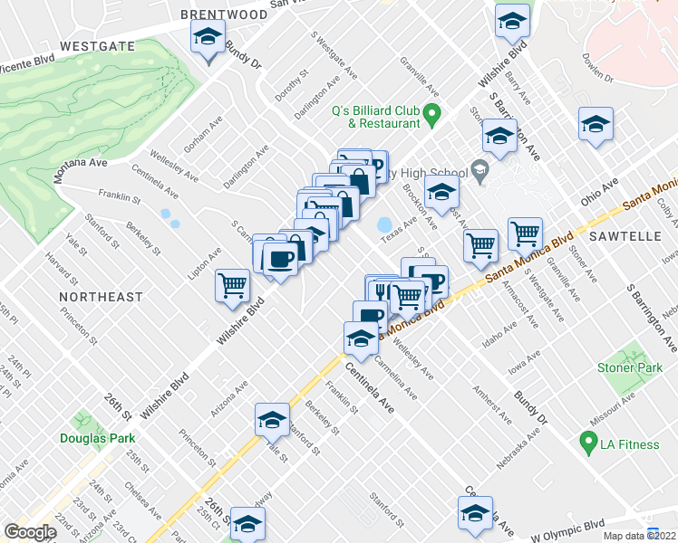 map of restaurants, bars, coffee shops, grocery stores, and more near 12222 Wilshire Boulevard in Los Angeles