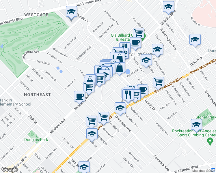 map of restaurants, bars, coffee shops, grocery stores, and more near 12222 Wilshire Boulevard in Los Angeles
