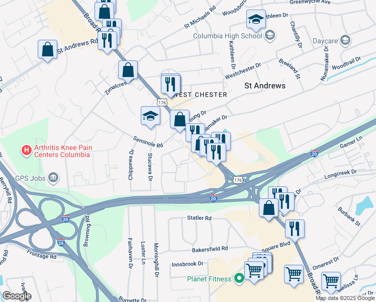 map of restaurants, bars, coffee shops, grocery stores, and more near 2605 Seminole Road in Columbia