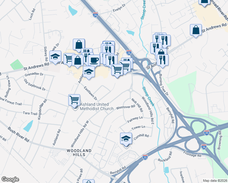 map of restaurants, bars, coffee shops, grocery stores, and more near 720 Vintage Lane in Columbia