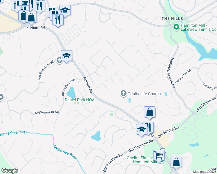 map of restaurants, bars, coffee shops, grocery stores, and more near 1581 Grants Mill Run Northeast in Dacula