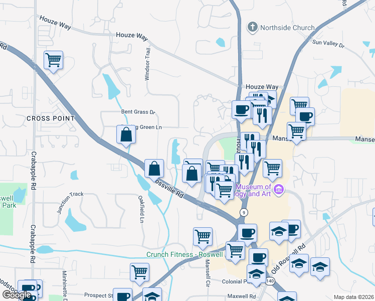 map of restaurants, bars, coffee shops, grocery stores, and more near 2000 Applewood Drive in Roswell