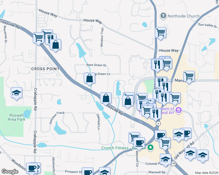map of restaurants, bars, coffee shops, grocery stores, and more near 375 Crossville Court in Roswell