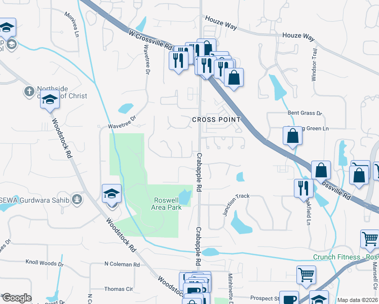 map of restaurants, bars, coffee shops, grocery stores, and more near 180 Shelli Lane in Roswell