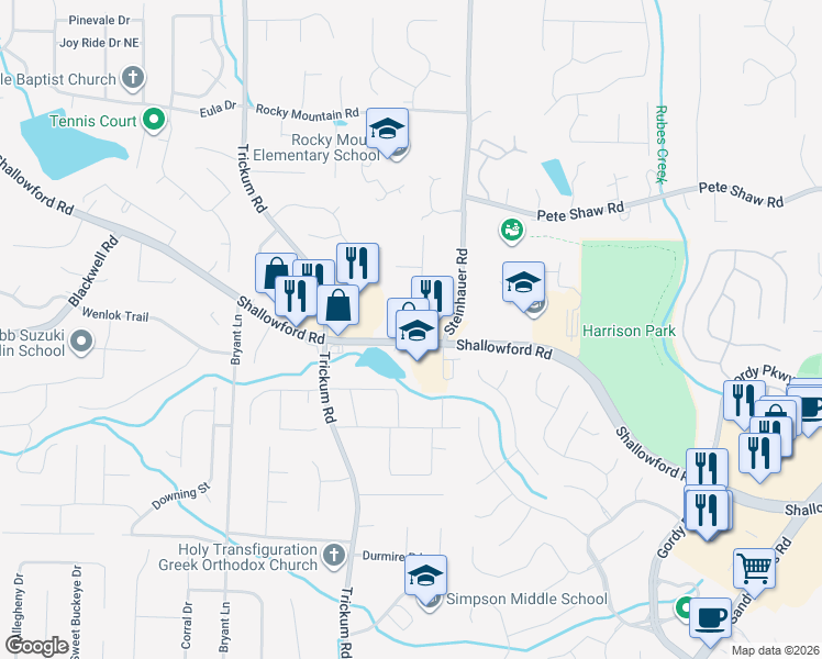 map of restaurants, bars, coffee shops, grocery stores, and more near 2510 Bluff Stone Trce in Marietta