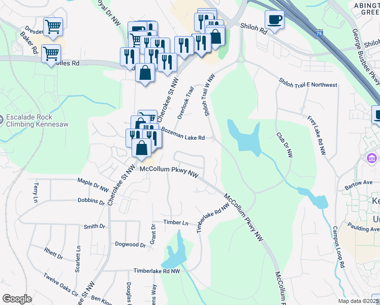 map of restaurants, bars, coffee shops, grocery stores, and more near 3715 Bozeman Lake Road in Kennesaw